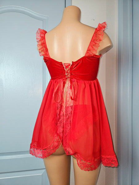 BABYDOLL in RED Velvet with Lace Size MED