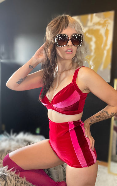 Pink Sunset Retro Velvet Bikini Top